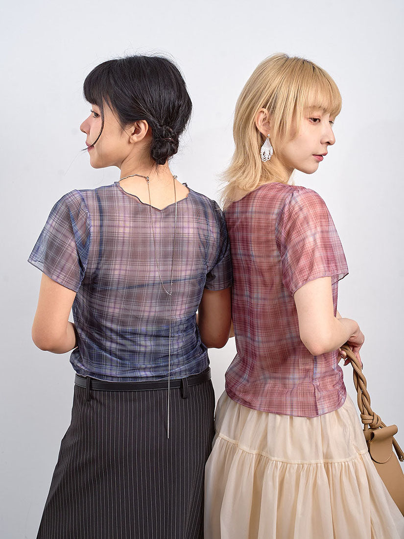 Sheer Plaid Printed Mesh Top (2 Colours)