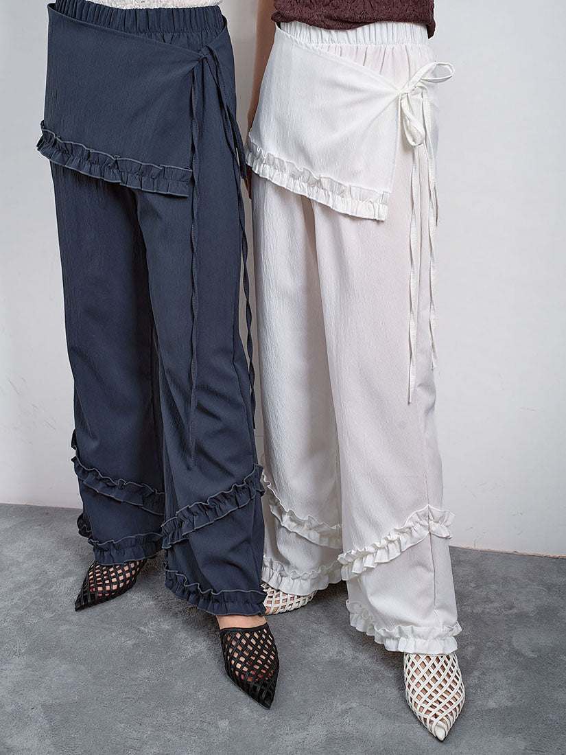 Wrap Skirt Ruffle Trim Wide Leg Pants (2 Colours)