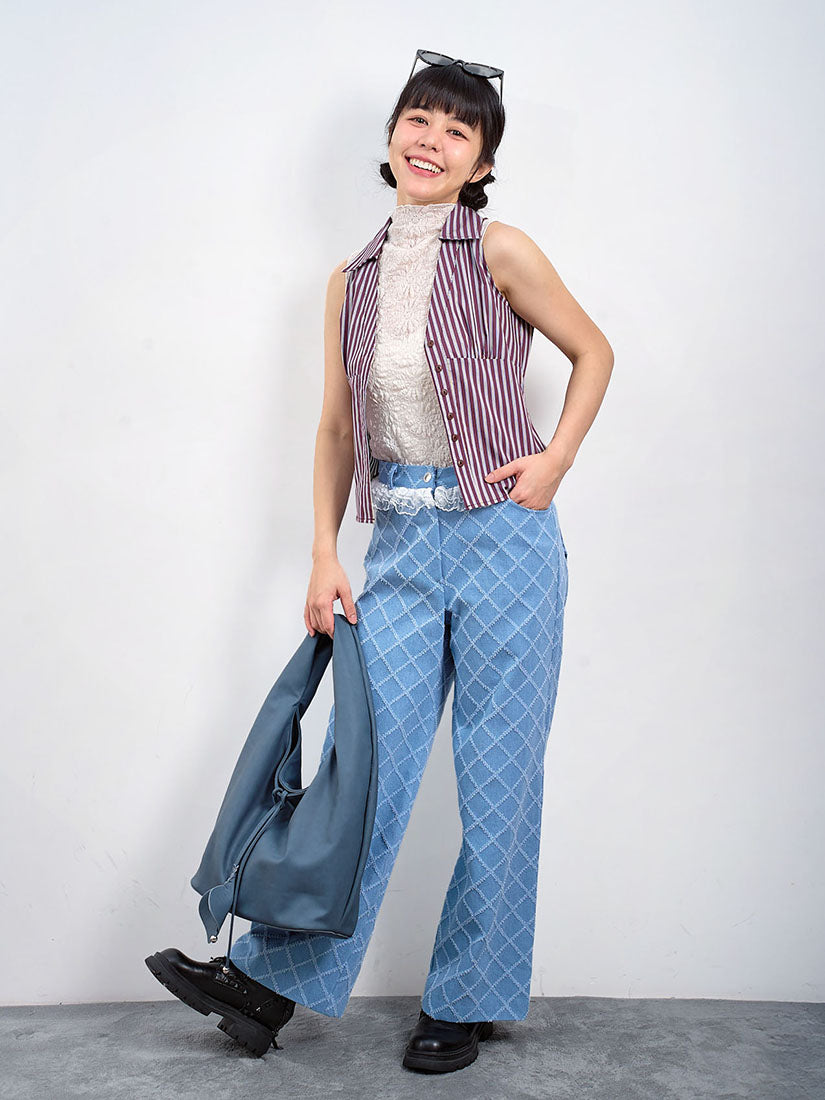 Lace Trim Tuck Check Denim Pants