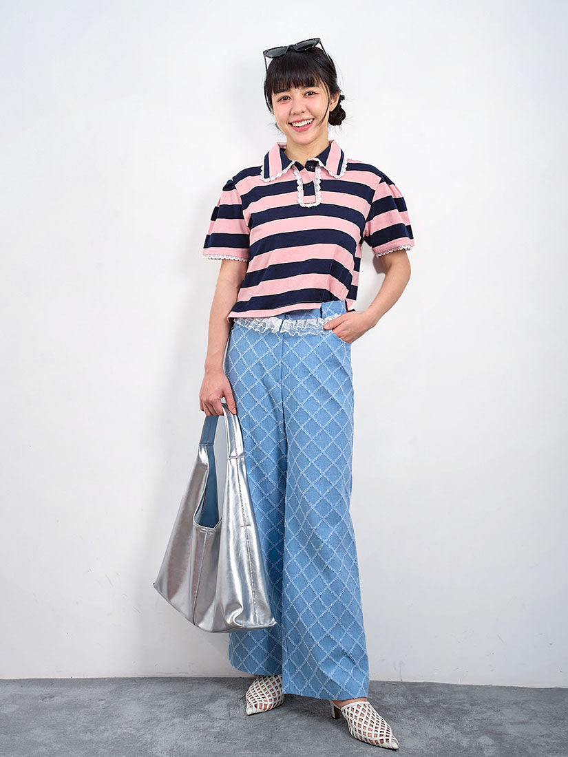 Lace Trim Tuck Check Denim Pants