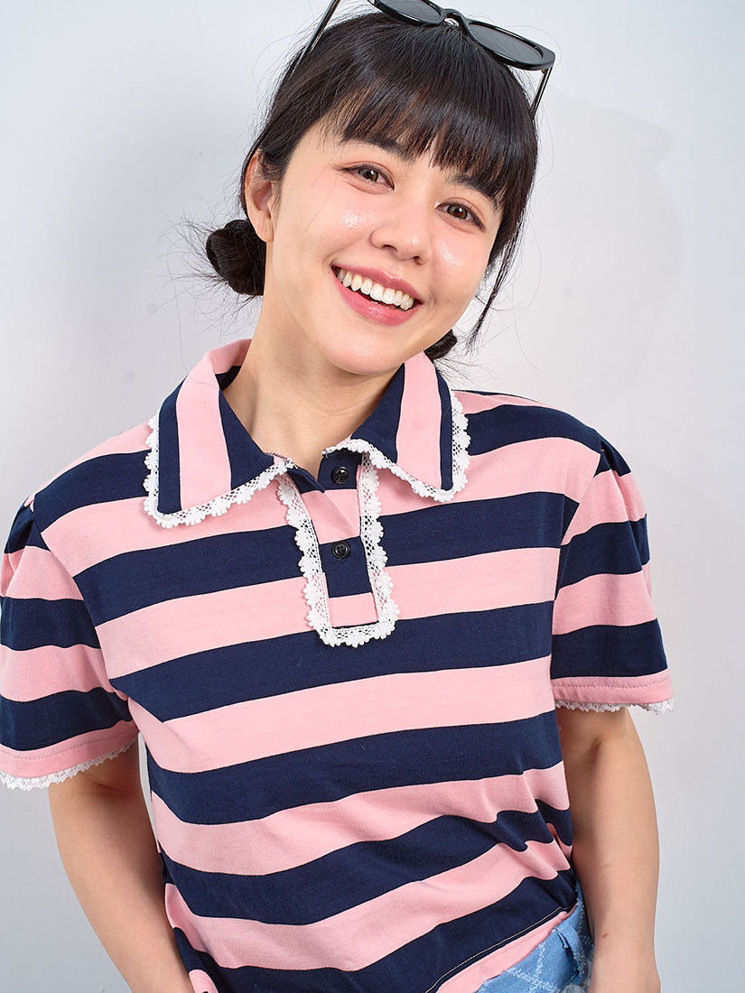 Lace Trim Striped Polo Crop Top