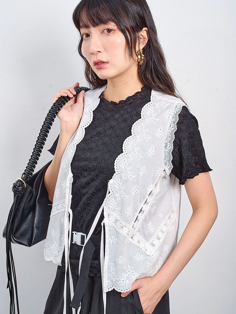 Lace Trim Embroidered Tie Front Vest Jacket