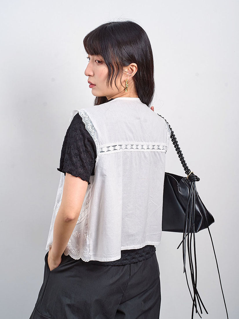 Lace Trim Embroidered Tie Front Vest Jacket