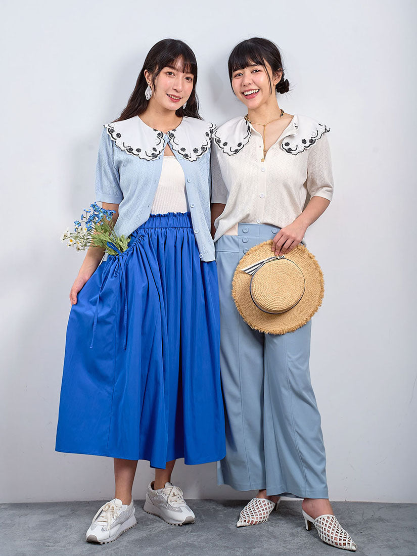 Embroidered Collar Short Sleeve Pointelle Cardigan (2 Colours)