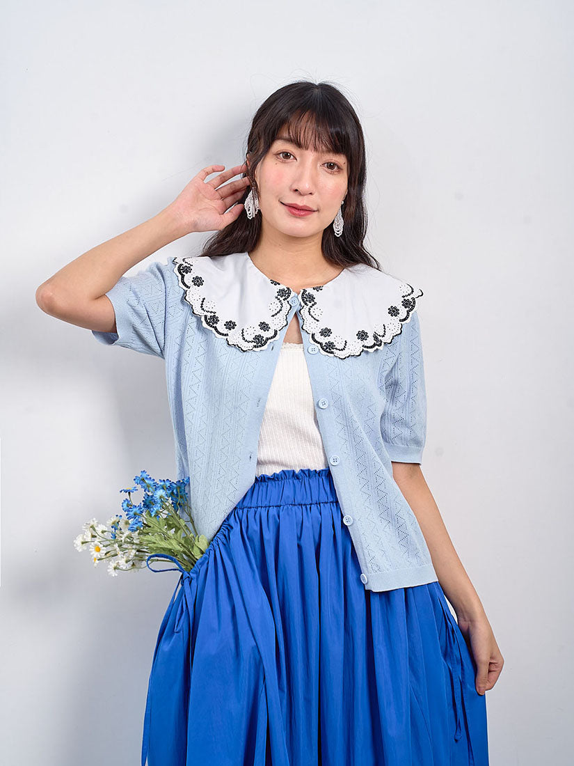 Embroidered Collar Short Sleeve Pointelle Cardigan (2 Colours)