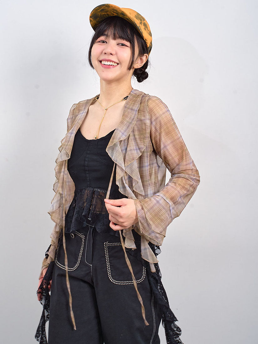 Ruffle Detailed Sheer Plaid Printed Crop Blouse (2 Colours)