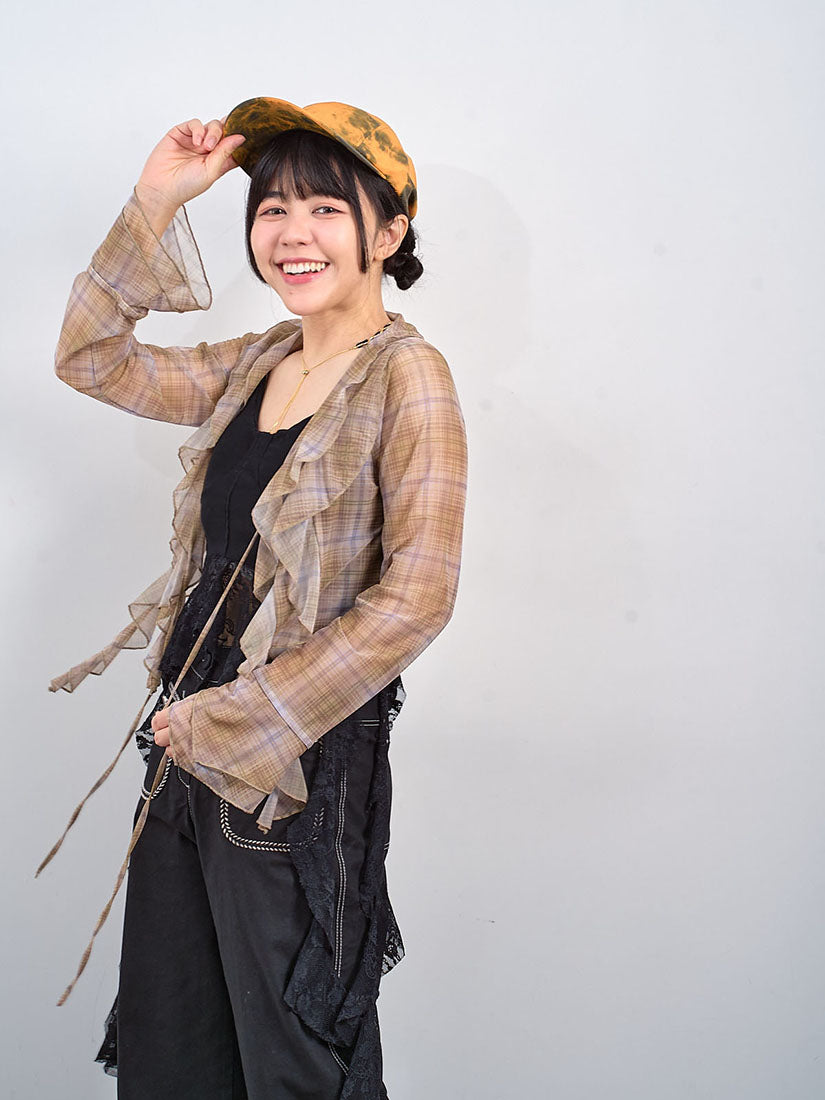 Ruffle Detailed Sheer Plaid Printed Crop Blouse (2 Colours)