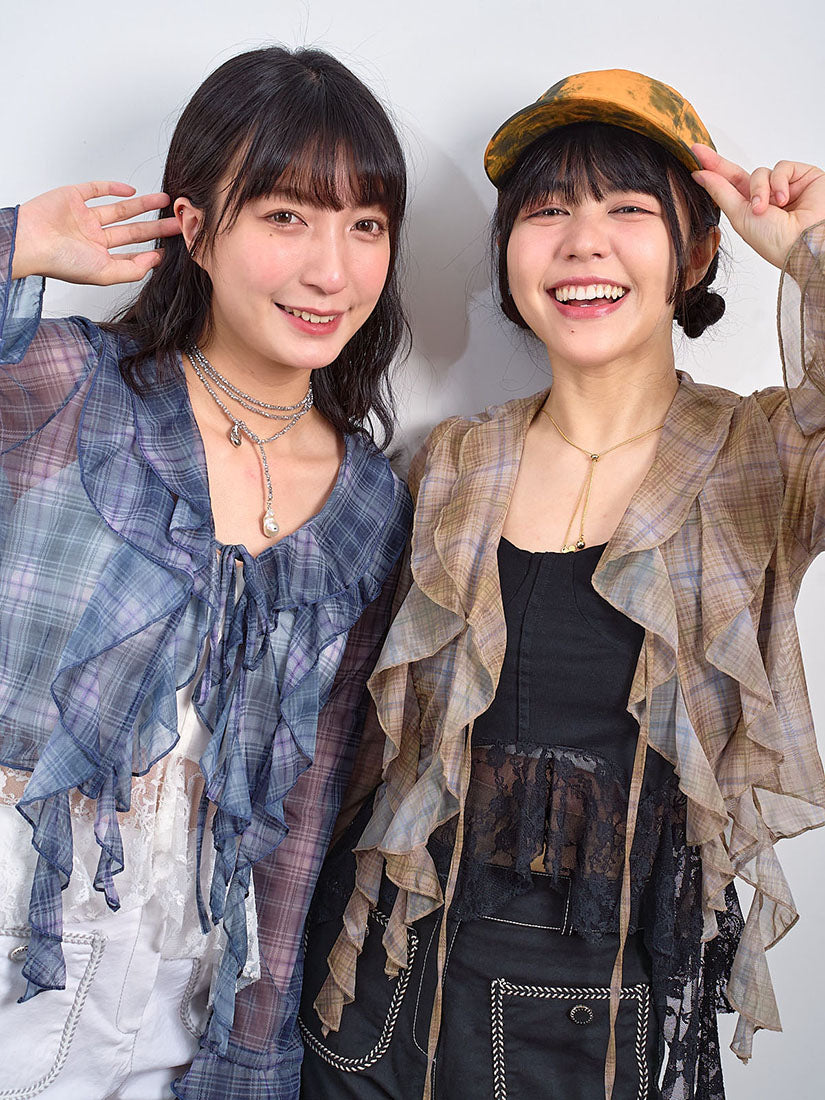 Ruffle Detailed Sheer Plaid Printed Crop Blouse (2 Colours)