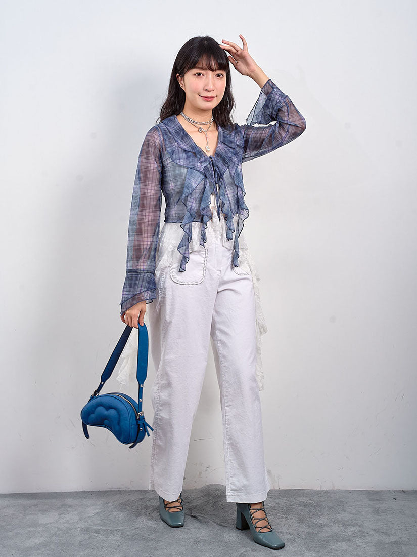 Ruffle Detailed Sheer Plaid Printed Crop Blouse (2 Colours)