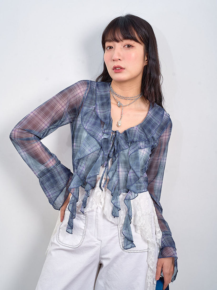 Ruffle Detailed Sheer Plaid Printed Crop Blouse (2 Colours)