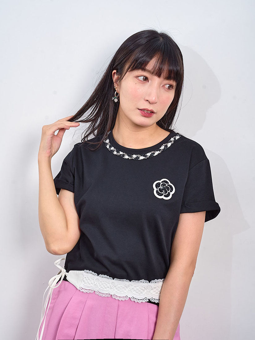 Neck Trim Camelia Applique Tee (2 Colours)