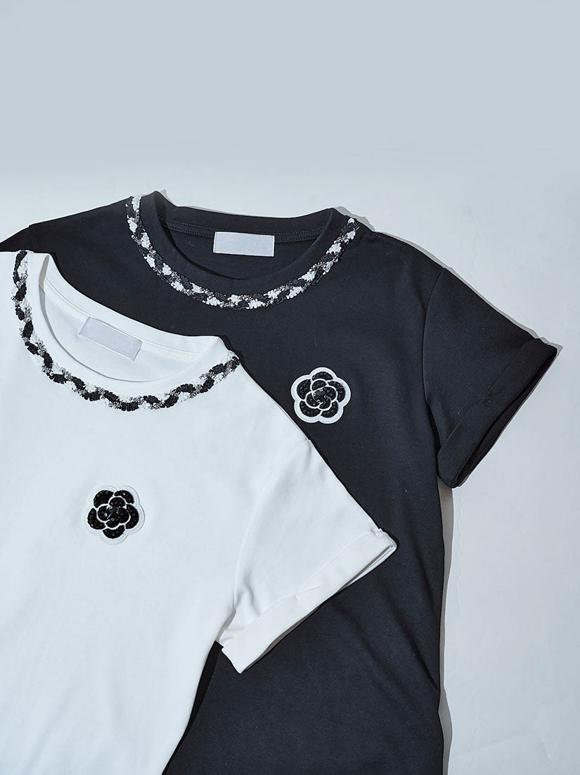 Neck Trim Camelia Applique Tee (2 Colours)