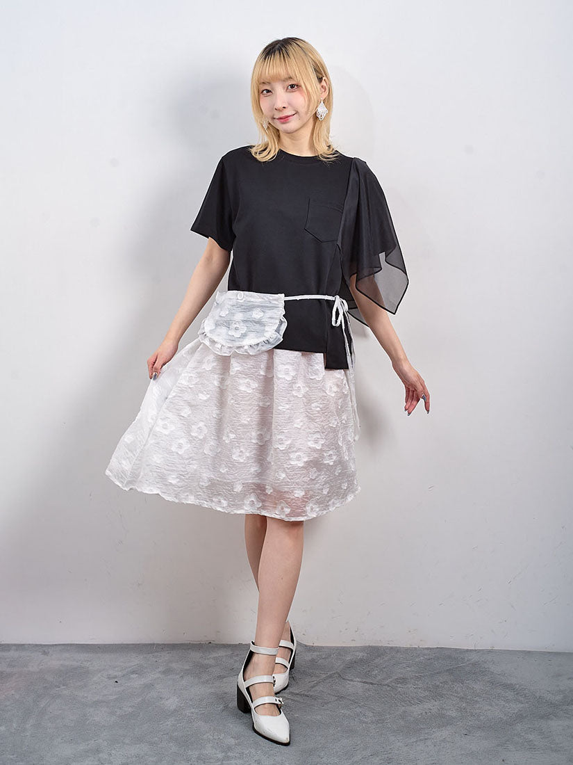 Flower Textured Gauza Skirt With Waist Bag (2 Colours)