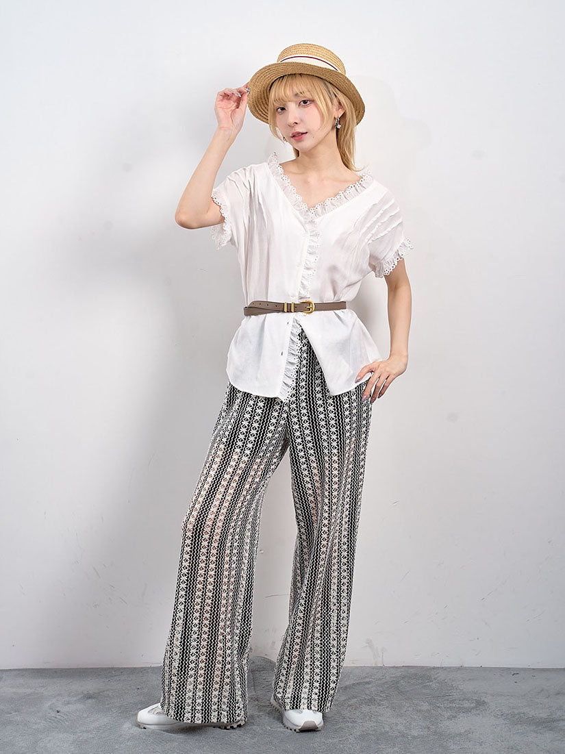 Crochet Striped Wide Leg Pants