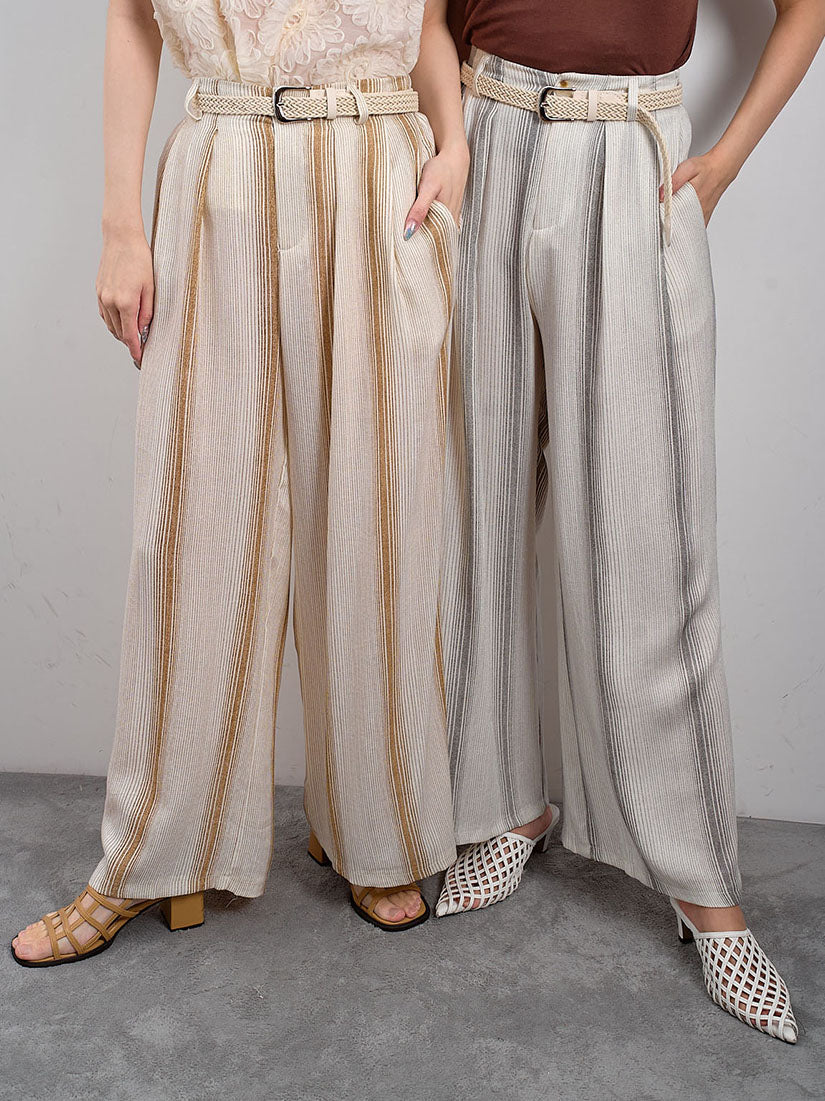 Striped Wide Leg Pants With Straw Belt (2 Colours)