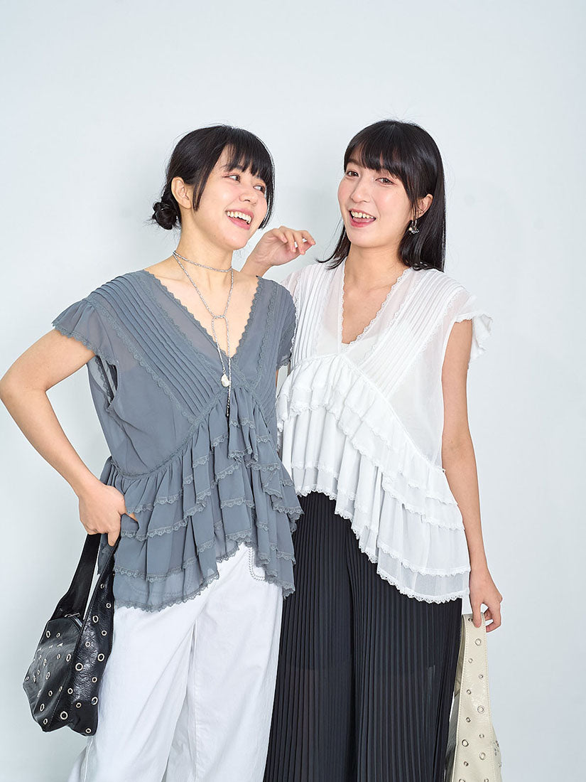 Sheer Deep V Layered Ruffle Cap Sleeve Top (2 Colours)