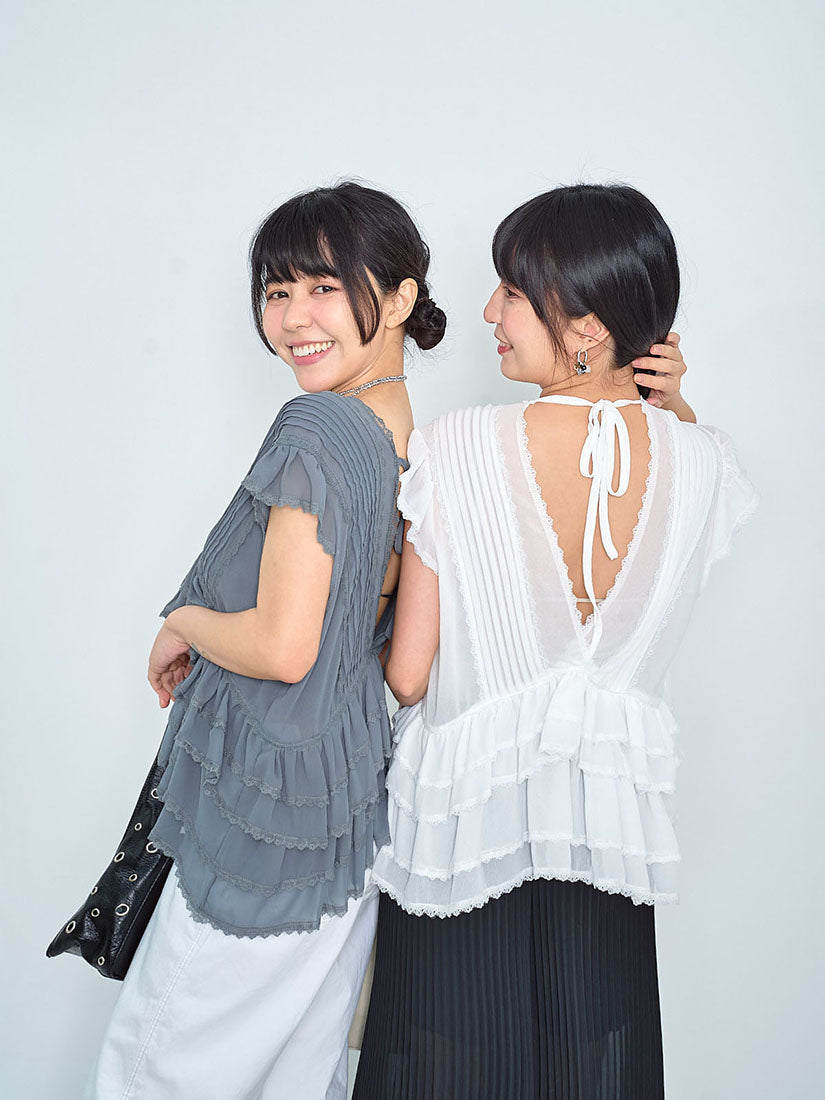 Sheer Deep V Layered Ruffle Cap Sleeve Top (2 Colours)