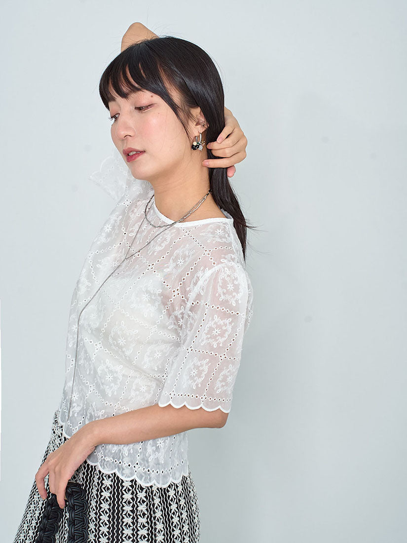 Perforated Embroidered Scallop Hem Silky Top