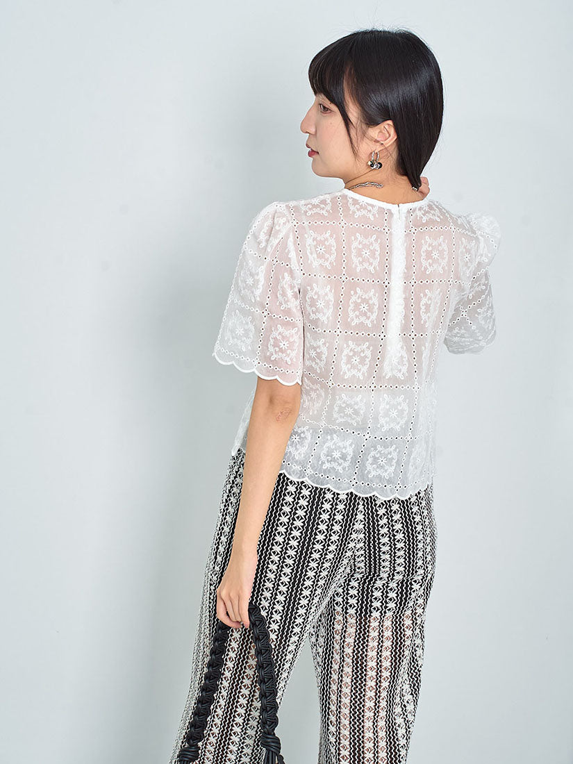 Perforated Embroidered Scallop Hem Silky Top