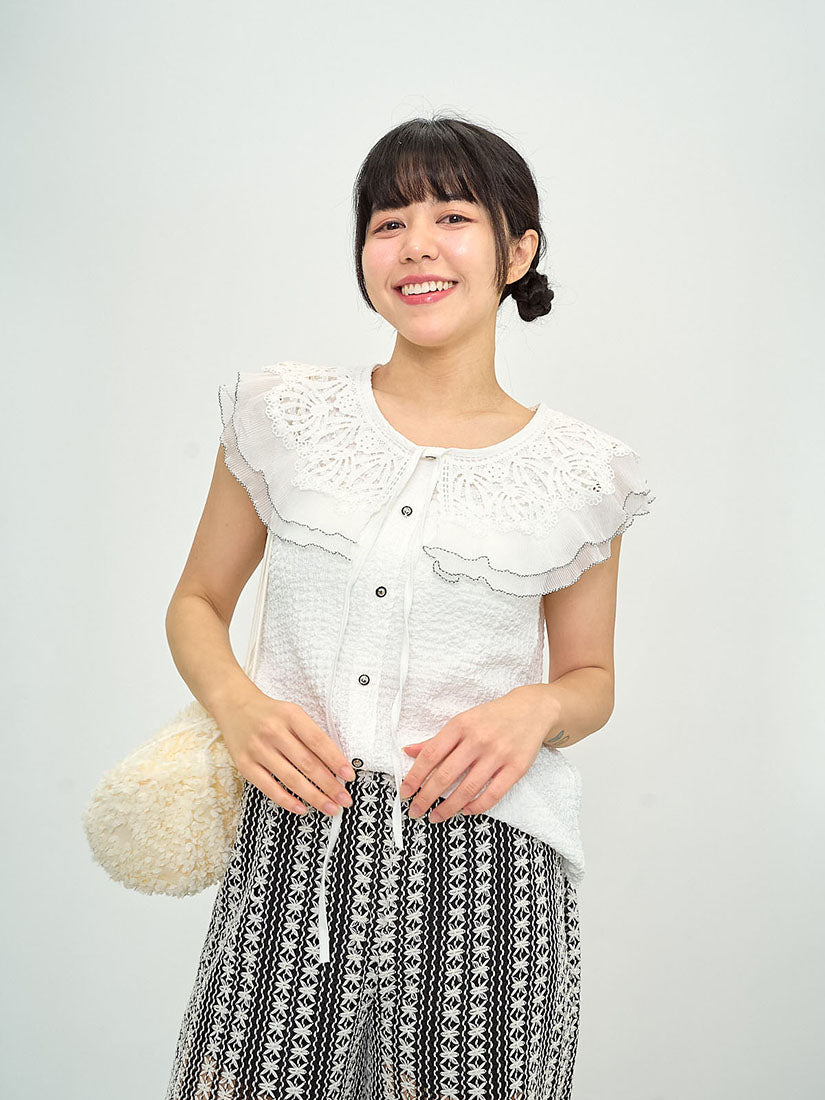 Crochet Lace Pleated Collar Textured Top (2 Colours)