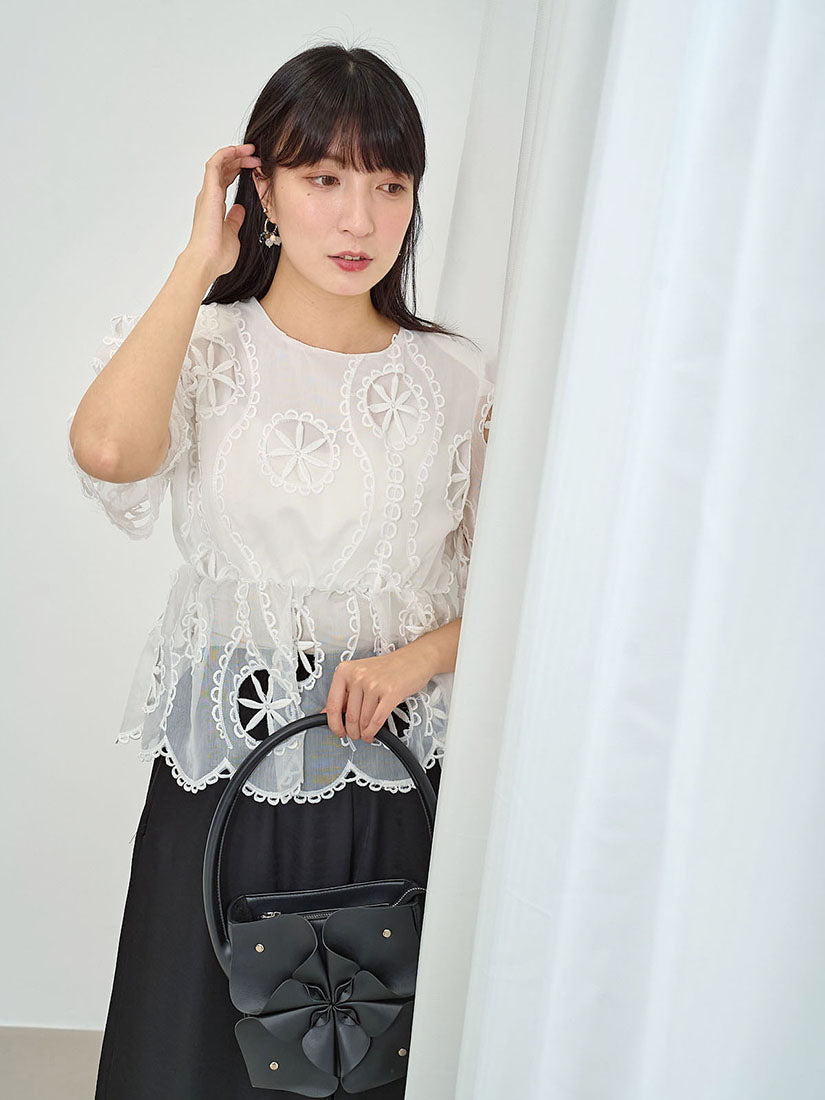 Stretch Waist Embroidered Chiffon Top