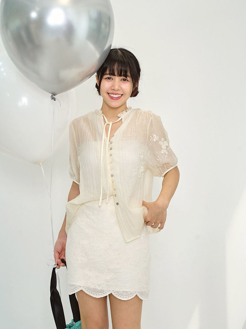 Sheer Sequin Embroidered Buttony Top