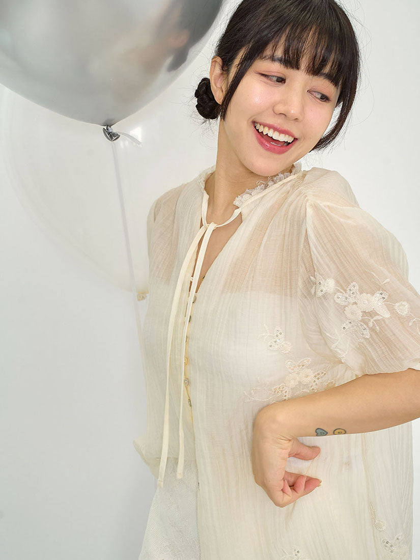 Sheer Sequin Embroidered Buttony Top