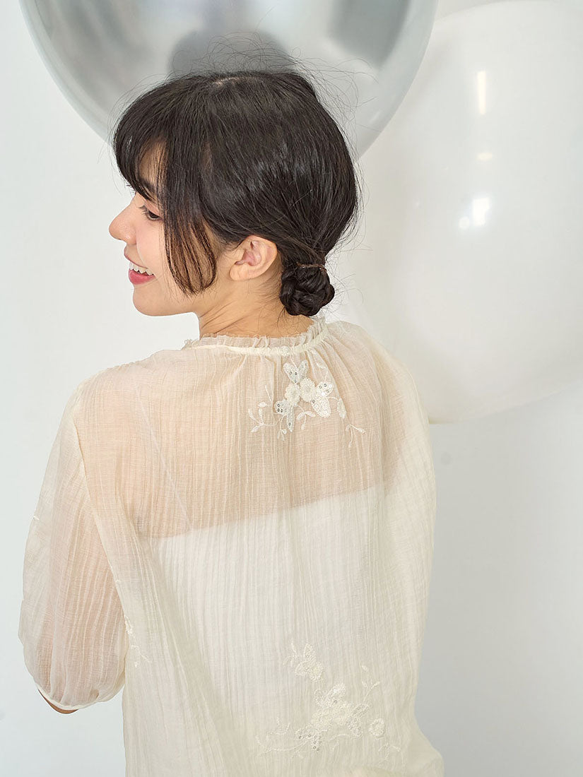Sheer Sequin Embroidered Buttony Top