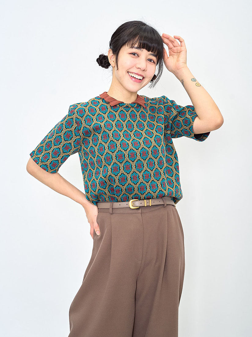 Knitted Collar Vintage Pattern Top (2 Colours)