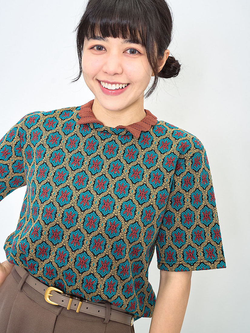 Knitted Collar Vintage Pattern Top (2 Colours)