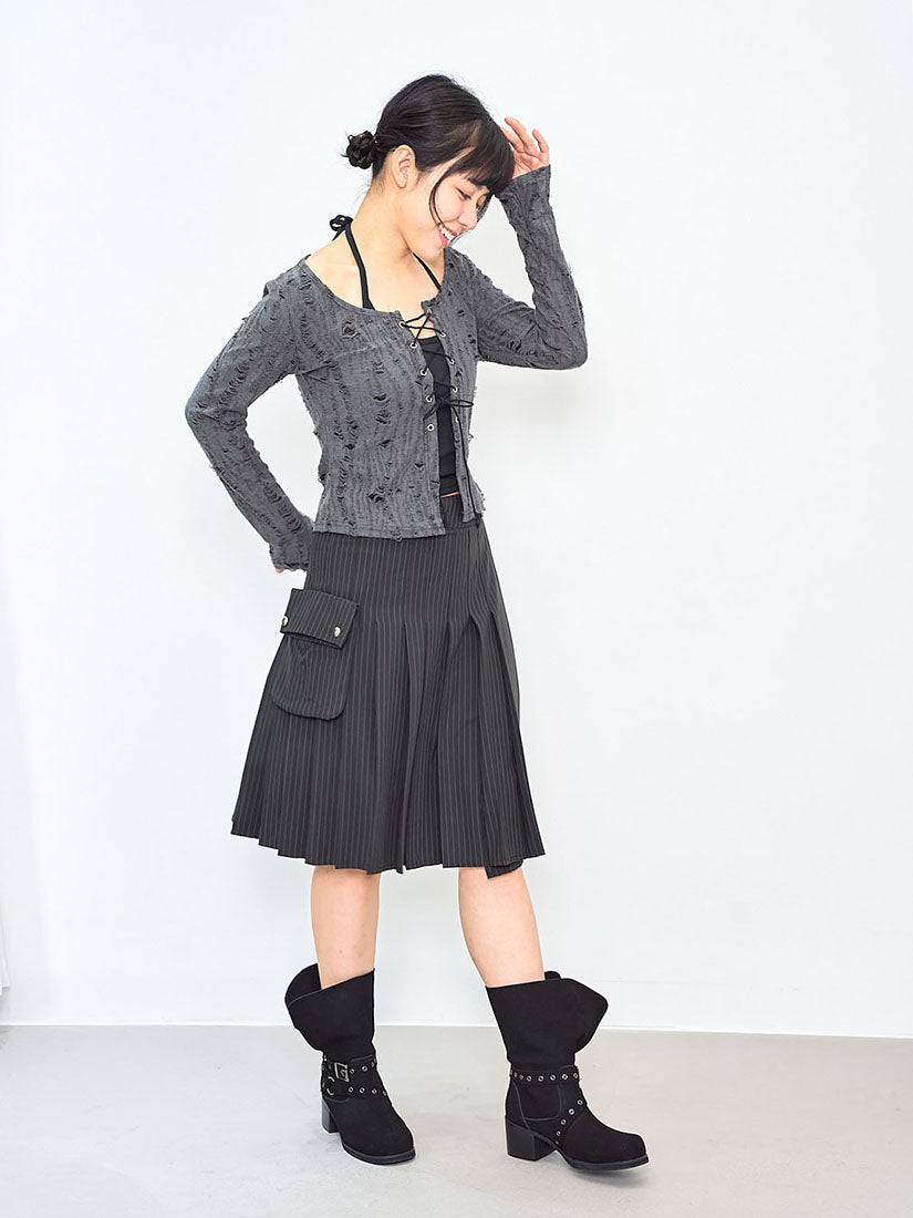 Detachable Pocket Pleated Stripe Skirt (2 Colours)