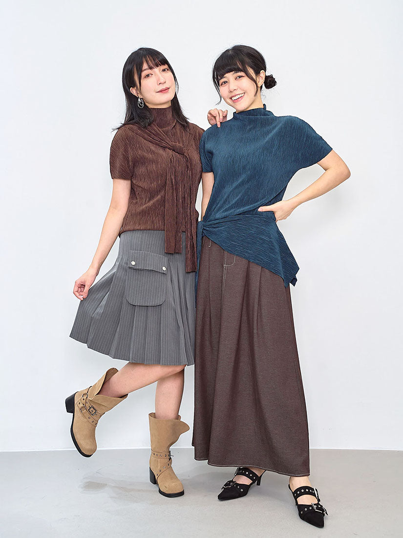 Pleated Wrinkle Top With Sailor Scarf (4 Colours)