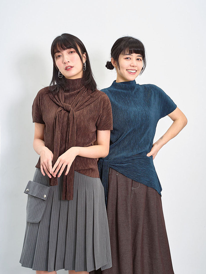 Pleated Wrinkle Top With Sailor Scarf (4 Colours)