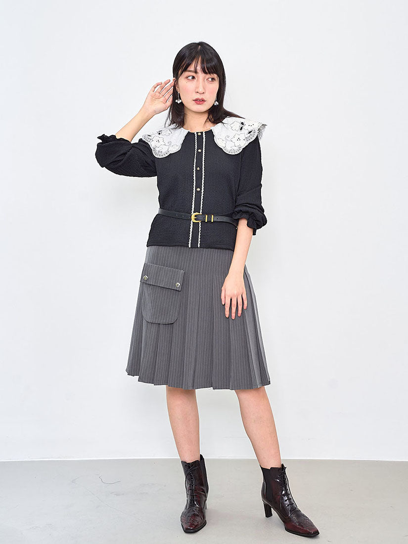 Detachable Pocket Pleated Stripe Skirt (2 Colours)