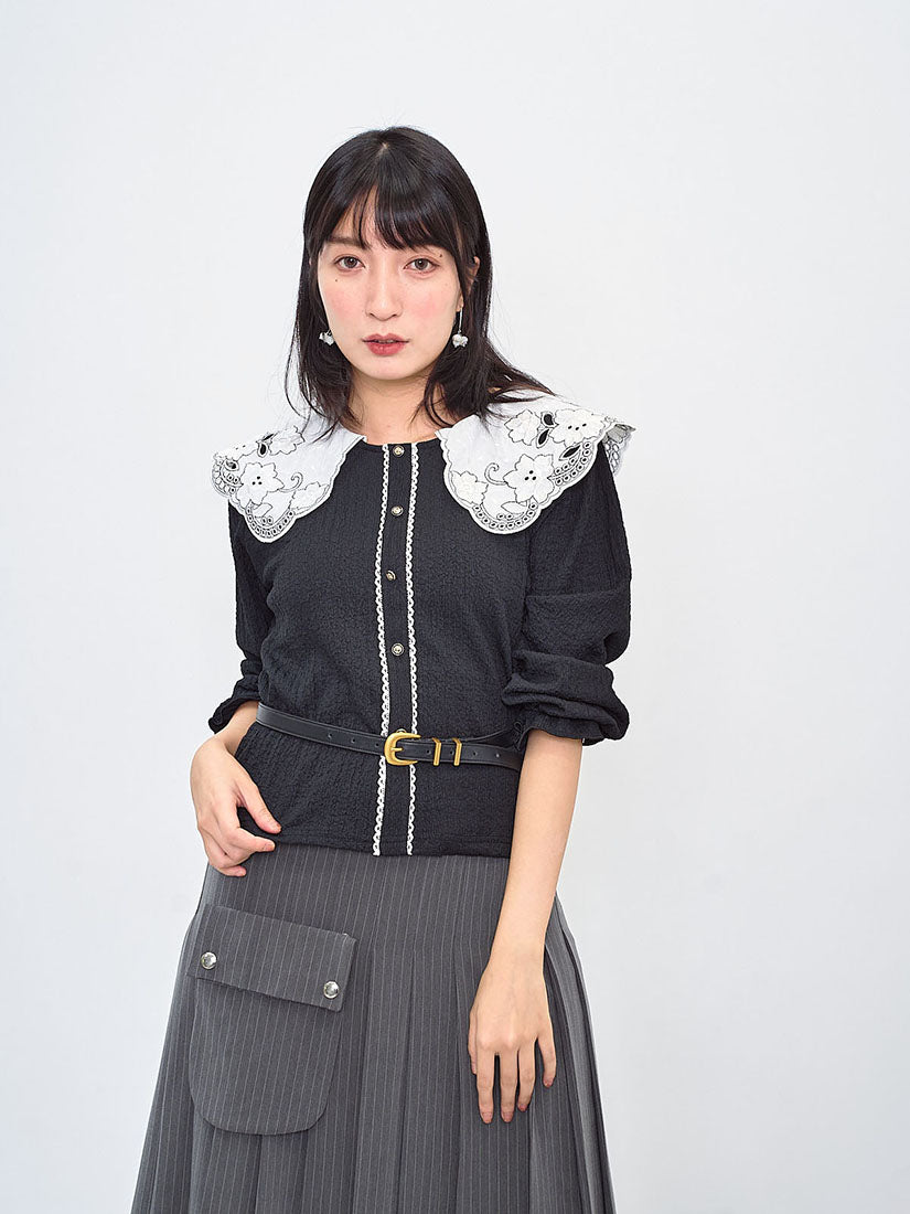 Embroidered Lace Collar Wrinkle Top (2 Colours)