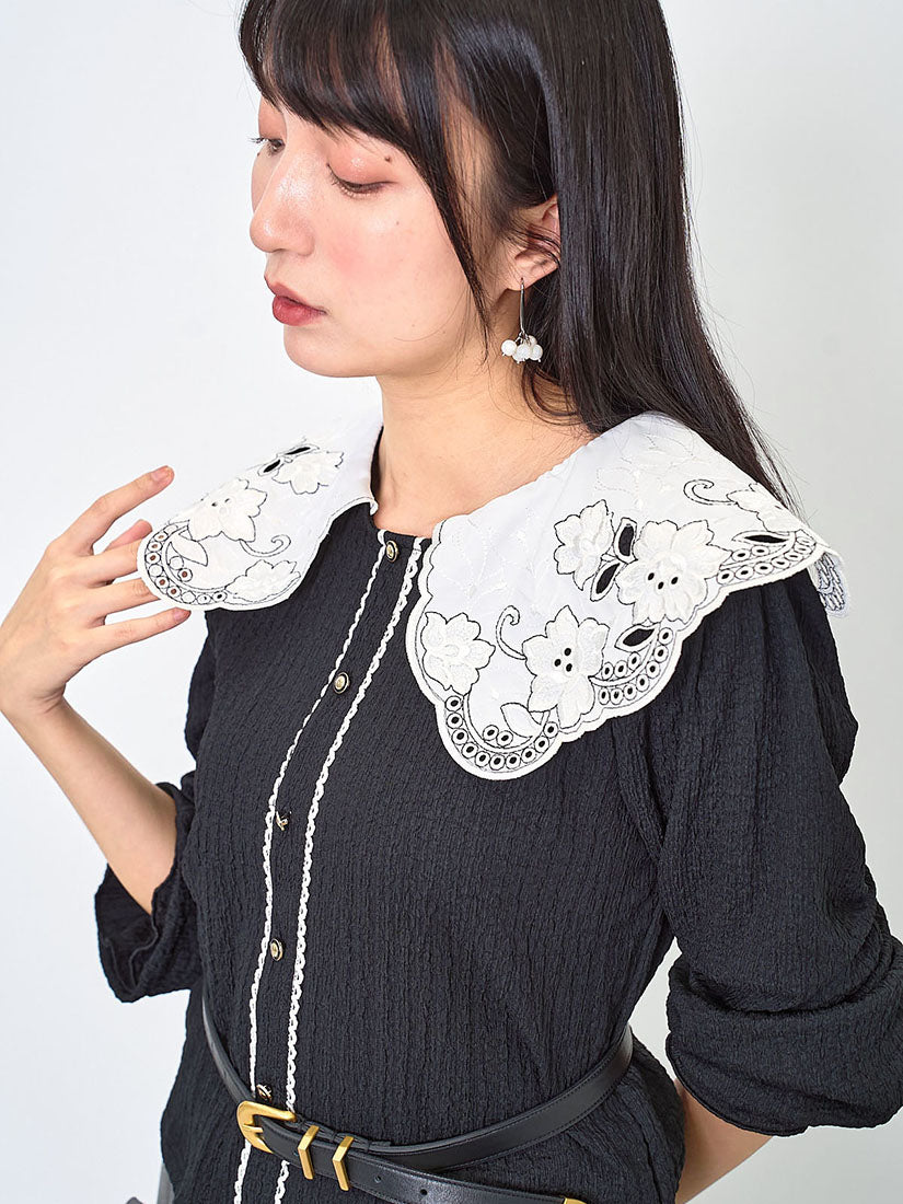 Embroidered Lace Collar Wrinkle Top (2 Colours)