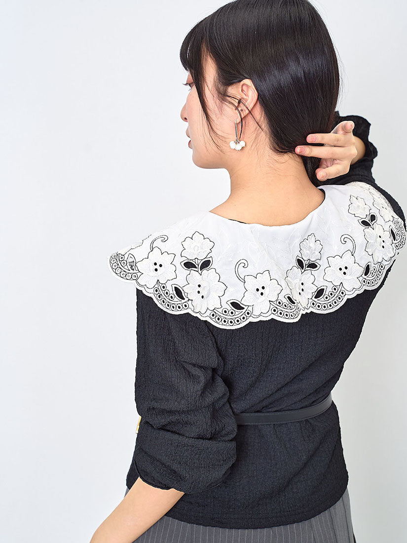 Embroidered Lace Collar Wrinkle Top (2 Colours)