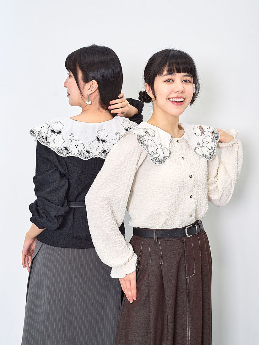 Embroidered Lace Collar Wrinkle Top (2 Colours)