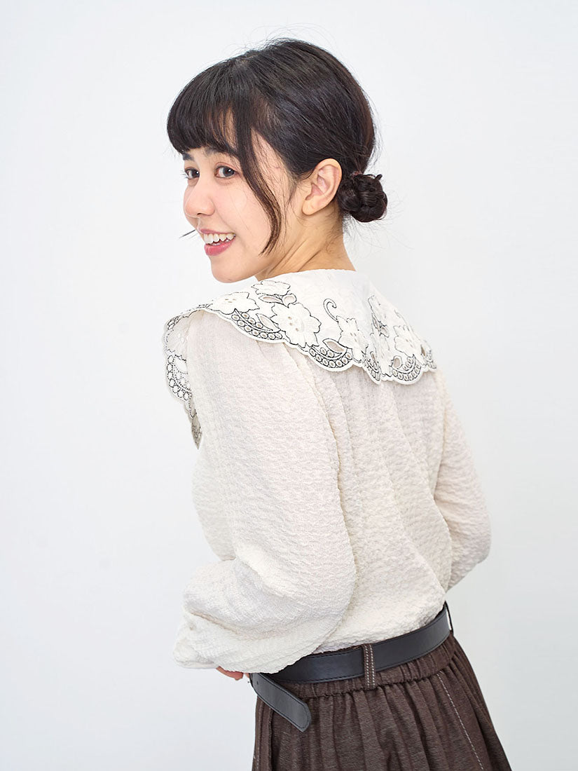 Embroidered Lace Collar Wrinkle Top (2 Colours)