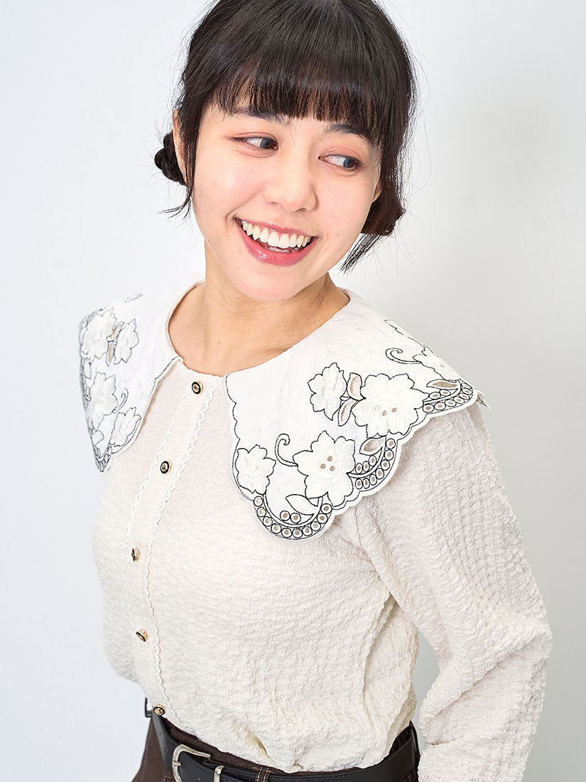 Embroidered Lace Collar Wrinkle Top (2 Colours)