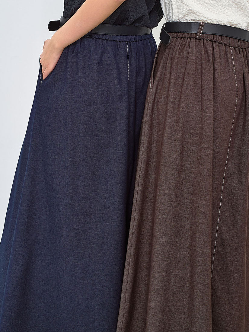 Belted Contrast Stitches Pleated Denim Look Skirt (2 Colours)