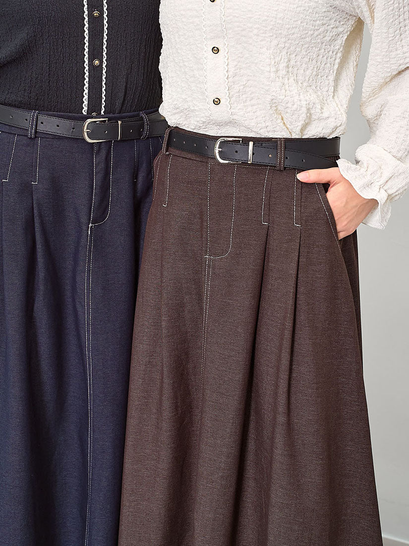 Belted Contrast Stitches Pleated Denim Look Skirt (2 Colours)