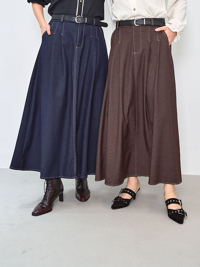 Belted Contrast Stitches Pleated Denim Look Skirt (2 Colours)