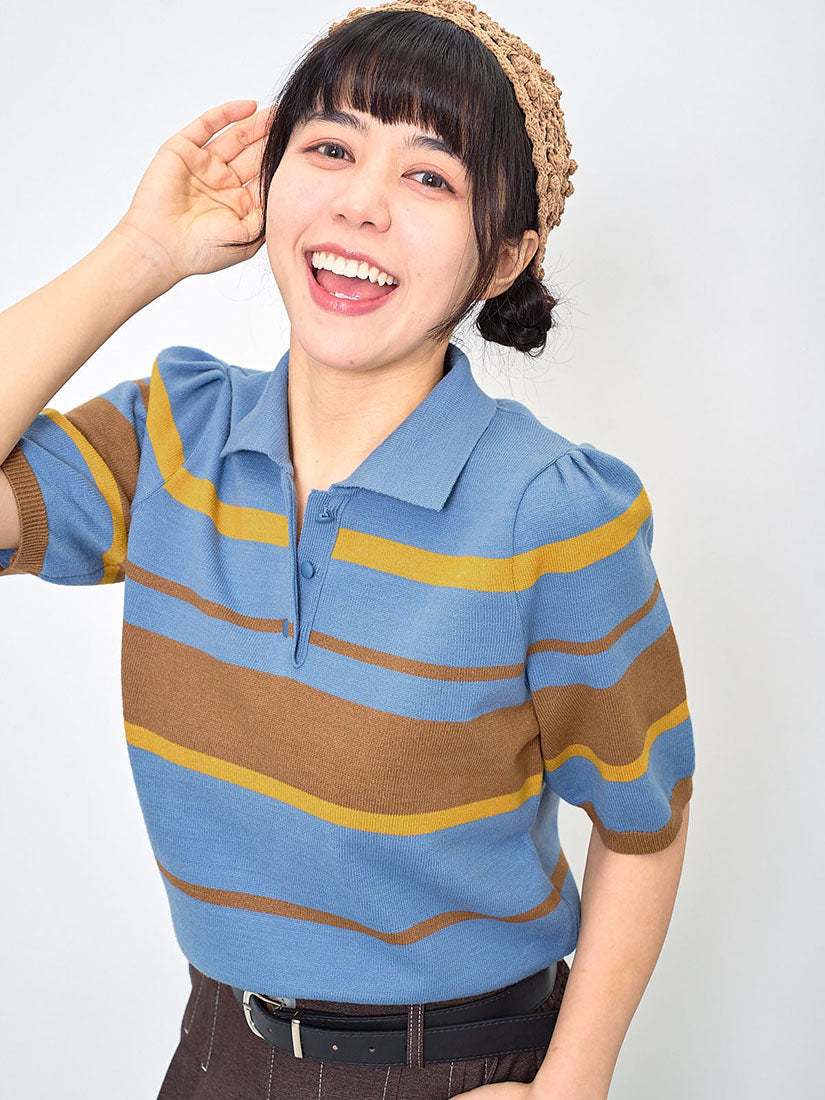Striped Knit Polo Short Sleeve Sweater (2 Colours)