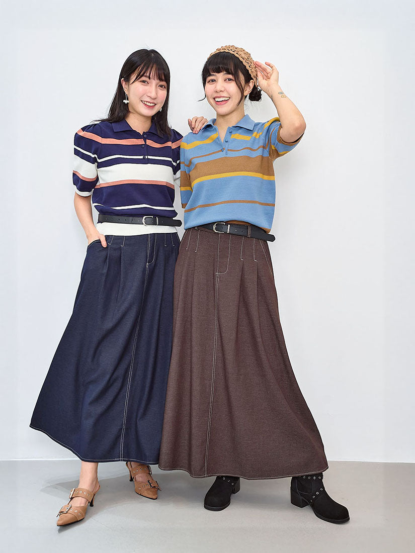 Striped Knit Polo Short Sleeve Sweater (2 Colours)