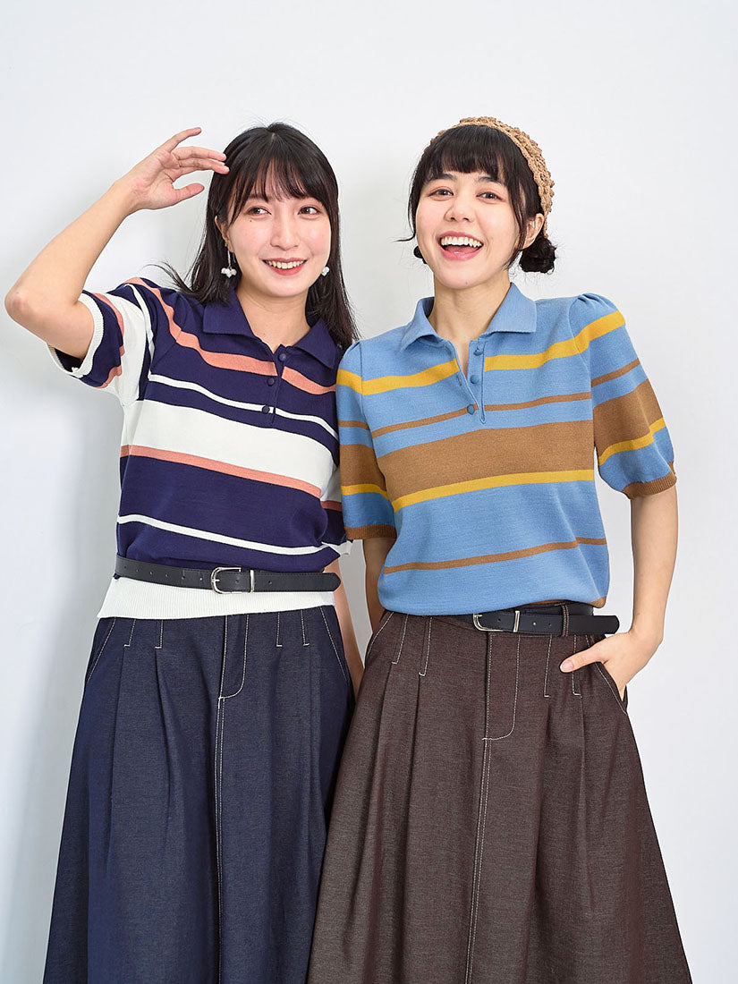 Striped Knit Polo Short Sleeve Sweater (2 Colours)