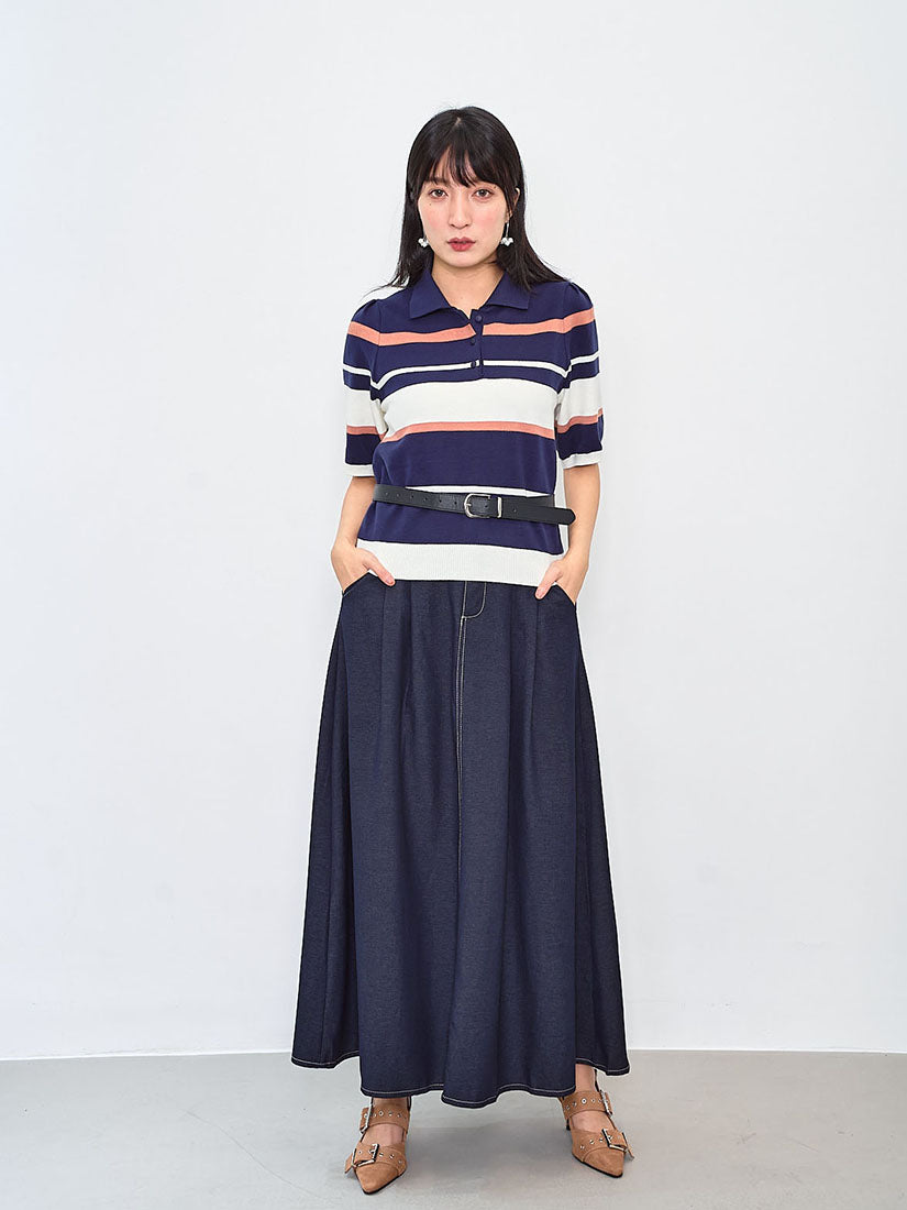 Belted Contrast Stitches Pleated Denim Look Skirt (2 Colours)