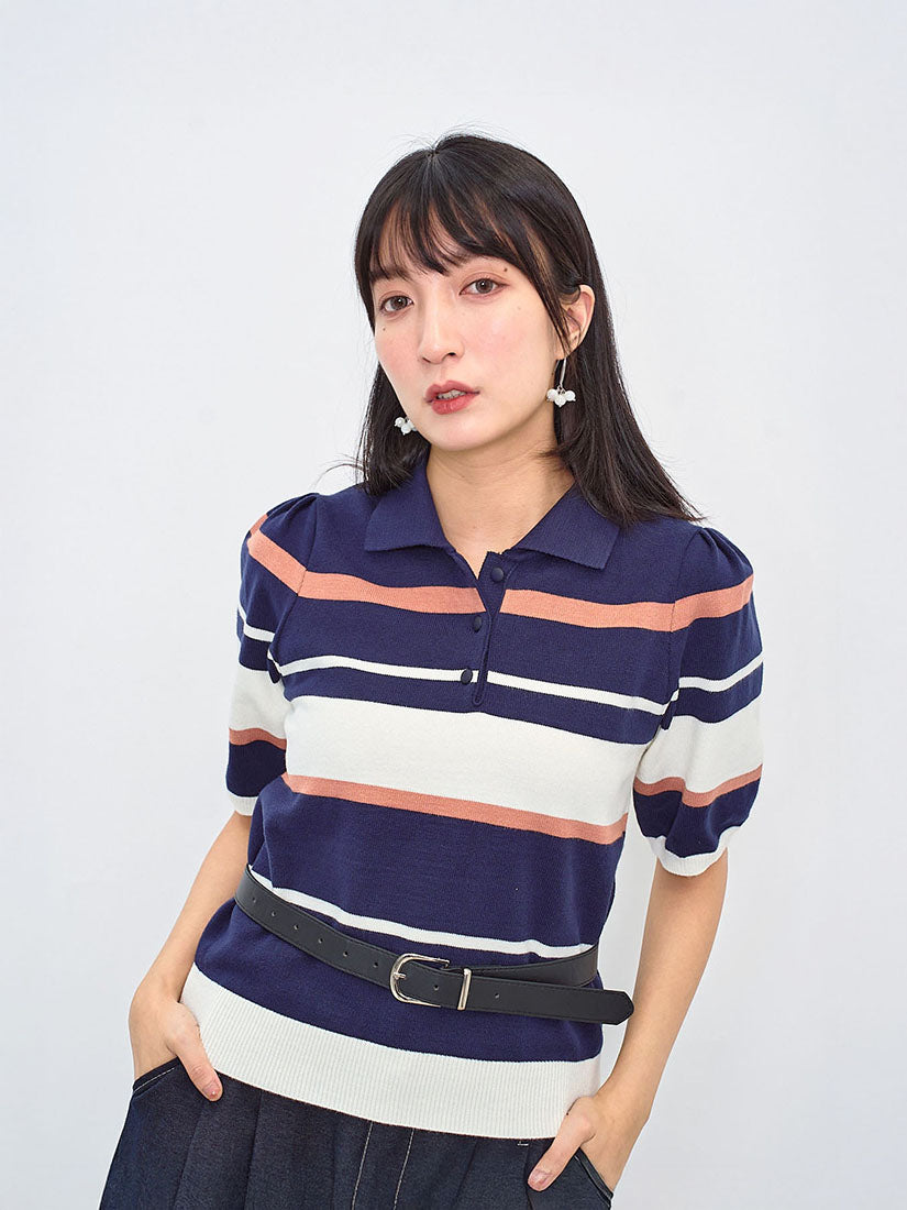Striped Knit Polo Short Sleeve Sweater (2 Colours)
