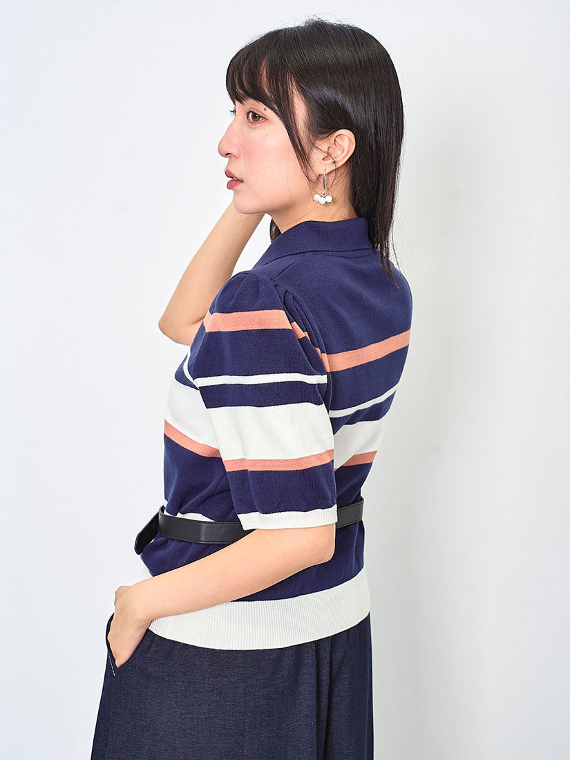 Striped Knit Polo Short Sleeve Sweater (2 Colours)