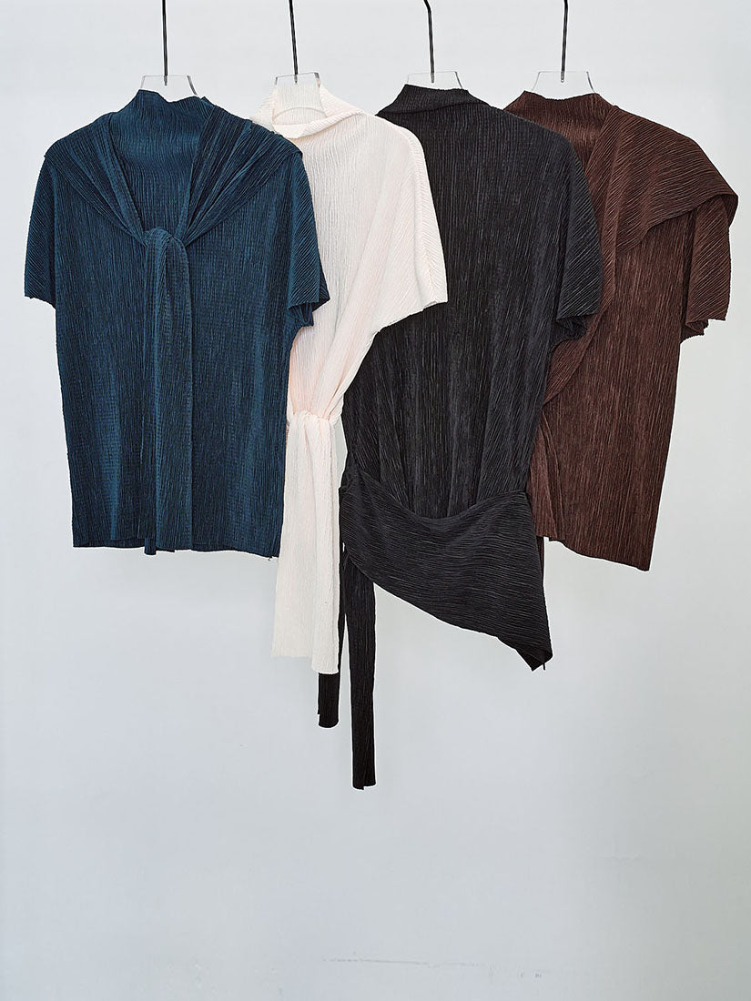 Pleated Wrinkle Top With Sailor Scarf (4 Colours)